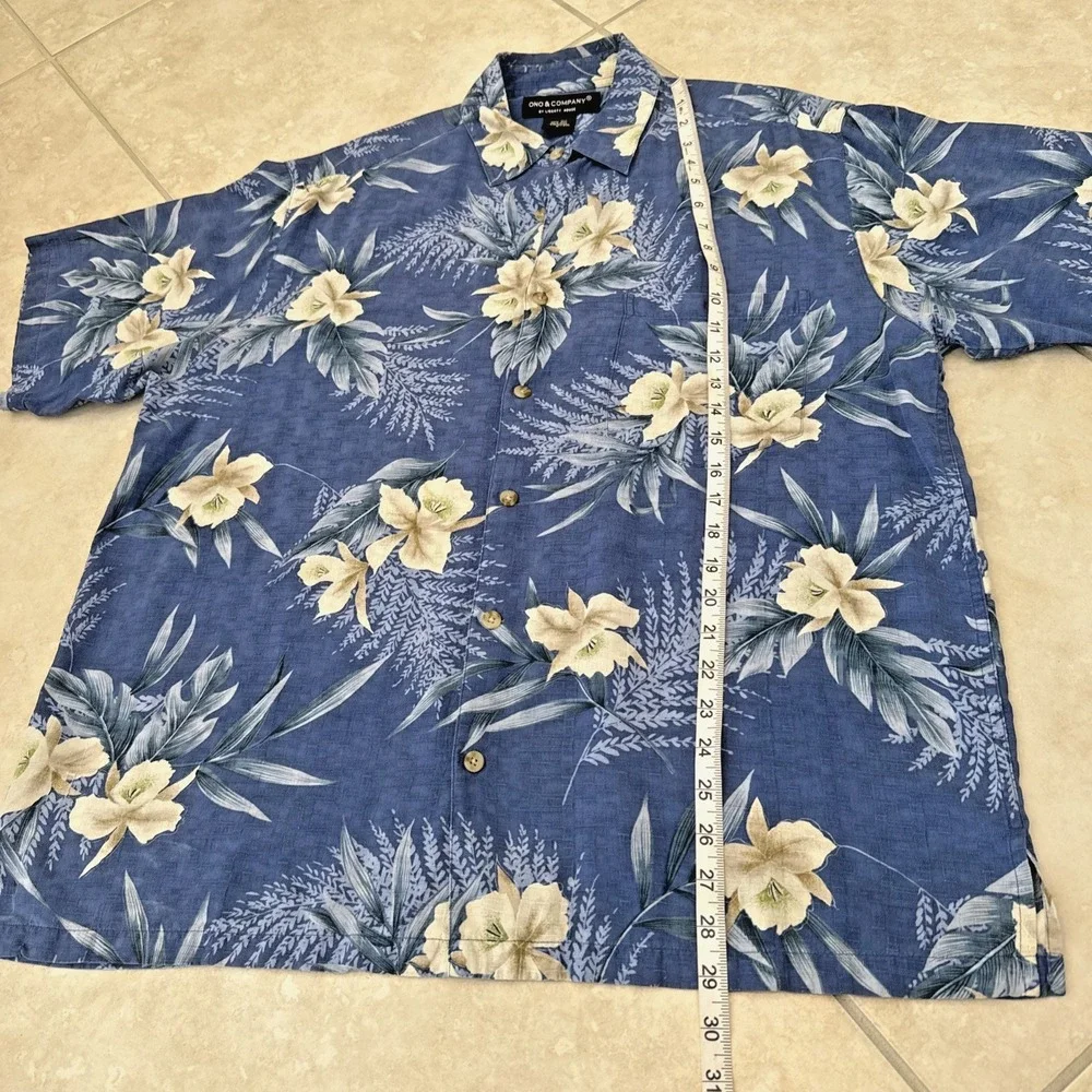 Vintage Ono & Company by Liberty House Sz L Hawaiian Camp Shirt Silk Blue Floral